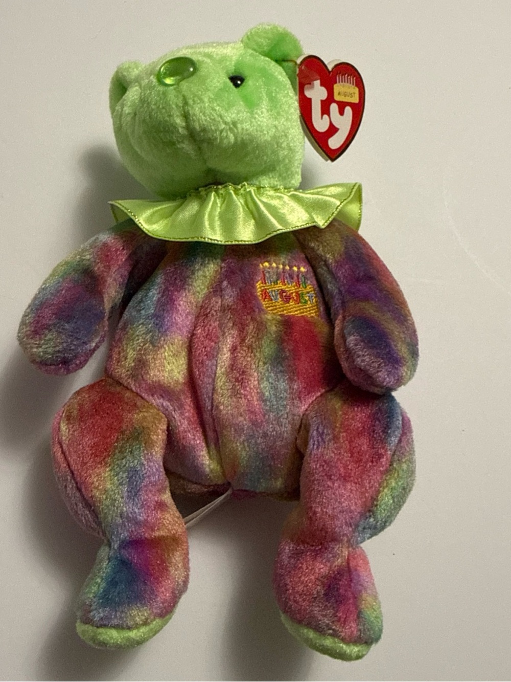 August TY Rainbow Plush Bear - Green Head Multicolor Body